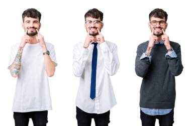 Kolaj bir genç adam izole arka plan açık ağız ile gülümseyen, işaret ve neşeli zorla parmak gülümse