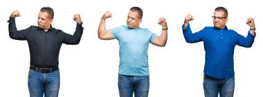 Arap orta yaş erkek gururlu gülümseyen kol kasları gösterilen izole arka plan üzerinde bileşimi. Fitness kavramı.