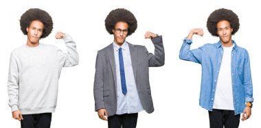 Beyaz izole arka plan güçlü kişi kol kas, kendinden emin ve güç gurur gösterilen üzerinde afro saçlı Genç adam kolaj
