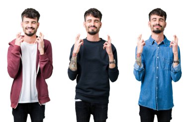 Umut ve gözleri kapalı geçiş parmaklarıyla gülümseyen izole arka plan üzerinde genç adam kolaj. Şans ve batıl kavramı.