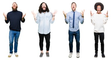 Kolaj bir grup genç adam beyaz üzerinde arka plan deli izole ve deli bağırarak ve agresif ifade ve silah kaldırdı bağırıyor. Hayal kırıklığı kavramı.