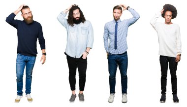 Kolaj bir grup genç adam beyaz izole arka plan üzerinde yanıltır ve soru hakkında merak ediyorum. Şüphe, kafasına el ile düşünme ile belirsiz. Dalgın kavramı.