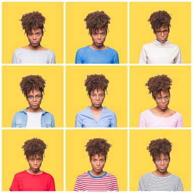 Genç güzel Afrikalı kız sarı izole arka plan üzerinde kolaj depresif ve kızgın ve korkmuş ağlıyor sıkıntı için endişeleniyorum. Üzgün ifade.