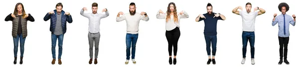 Collage People White Isolated Background Pointing Fingers Showing Advertisement Surprised — Stock Photo, Image