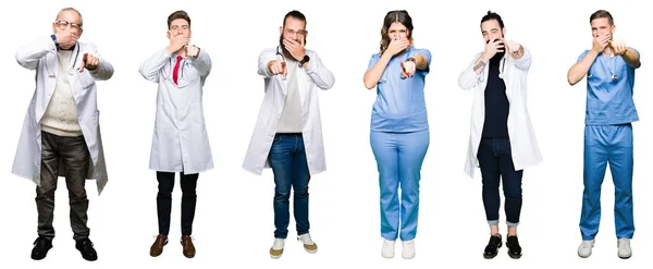 Collage Group Doctors Surgeons People White Isolated Background Laughing You — Stock Photo, Image