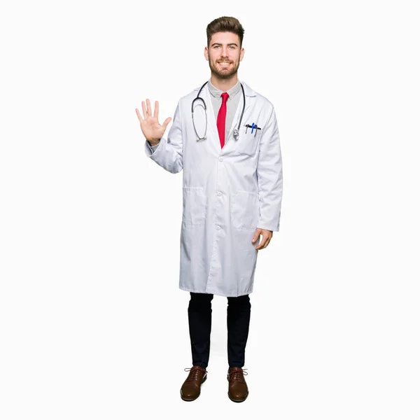 Young Handsome Doctor Man Wearing Medical Coat Showing Pointing Fingers — Stock Photo, Image