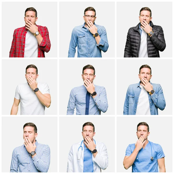 Collage Attractive Young Man White Isolated Background Bored Yawning Tired — Stock Photo, Image