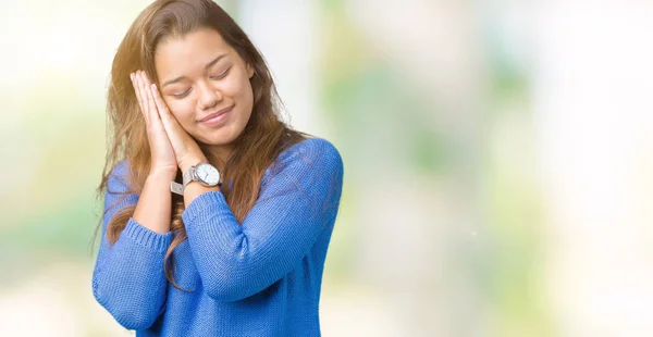 Young Beautiful Brunette Woman Wearing Blue Sweater Isolated Background Sleeping — Stock Photo, Image