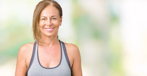 Schöne Frau Mittleren Alters Sportkleidung Vor Isoliertem Hintergrund Mit Einem — Stockfoto