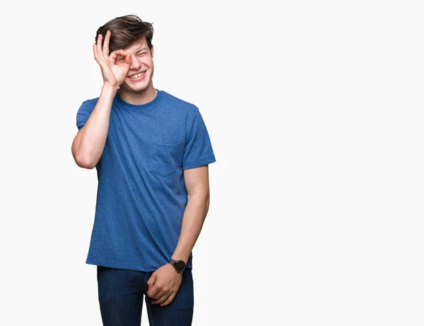 Jonge Knappe Man Blauw Shirt Dragen Geïsoleerde Achtergrond Doen Gebaar — Stockfoto