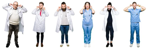 Collage Grupo Médicos Cirujanos Personas Sobre Fondo Blanco Aislado Sonriendo —  Fotos de Stock