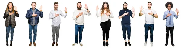 Collage People White Isolated Background Swearing Hand Chest Open Palm — Stock Photo, Image