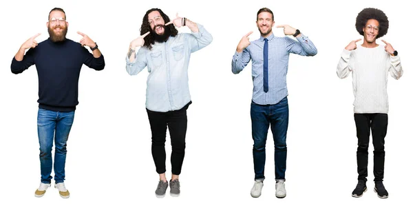 Collage Van Groep Jonge Mannen Witte Geïsoleerde Achtergrond Glimlachend Vertrouwen — Stockfoto