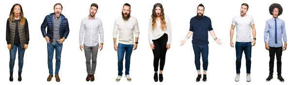 Colagem Pessoas Sobre Fundo Isolado Branco Face Choque Parecendo Cético — Fotografia de Stock