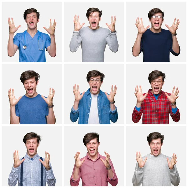Collage Van Jonge Man Witte Geïsoleerde Achtergrond Vieren Gek Verbaasd — Stockfoto