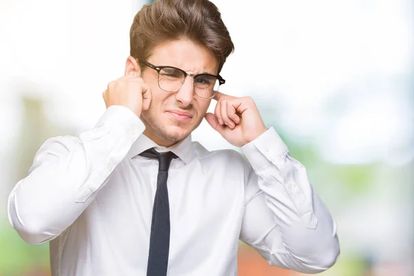 Young Business Man Wearing Glasses Isolated Background Covering Ears Fingers — Stock Photo, Image