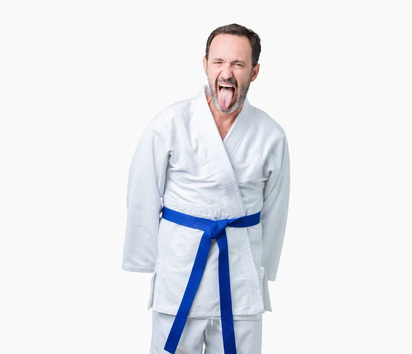 Stilig Medelåldern Senior Mannen Bär Kimono Uniform Över Isolerade Bakgrund — Stockfoto