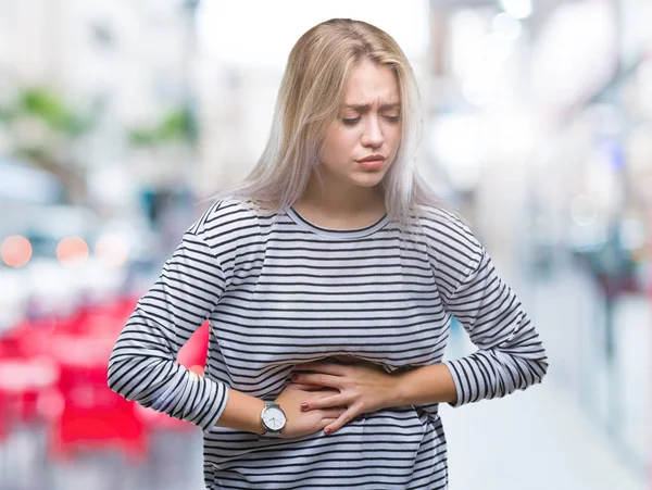 Young Blonde Woman Isolated Background Hand Stomach Because Nausea Painful — Stock Photo, Image