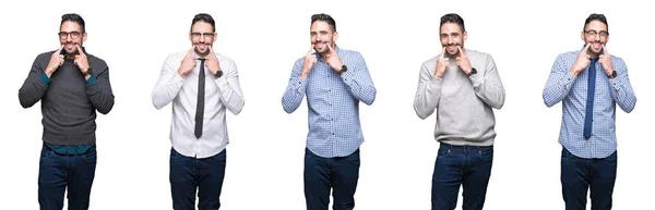 Colagem Homem Negócios Bonito Sobre Fundo Isolado Branco Sorrindo Com — Fotografia de Stock