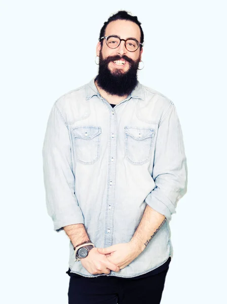 Young Hipster Man Long Hair Beard Wearing Glasses Hands Together — Stock Photo, Image