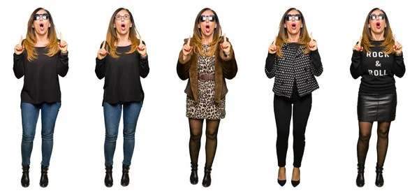 Collage Einer Schönen Frau Mittleren Alters Mit Sonnenbrille Über Weißem — Stockfoto