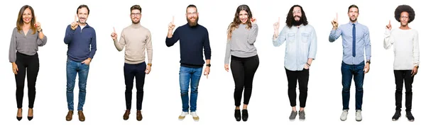 Collage Personas Sobre Fondo Blanco Aislado Mostrando Apuntando Hacia Arriba — Foto de Stock