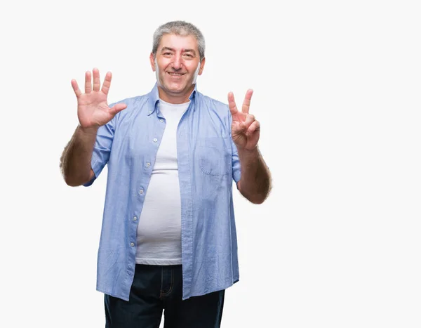 Handsome Senior Man Isolated Background Showing Pointing Fingers Number Seven — Stock Photo, Image