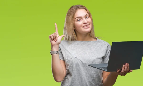 Unga Kaukasiska Kvinna Använder Dator Laptop Över Isolerade Bakgrund Överraskad — Stockfoto
