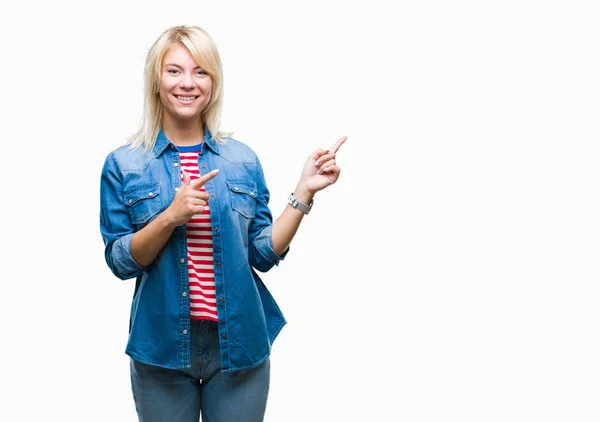 Jonge Mooie Blonde Vrouw Denim Jasje Dragen Geïsoleerde Achtergrond Glimlachen — Stockfoto