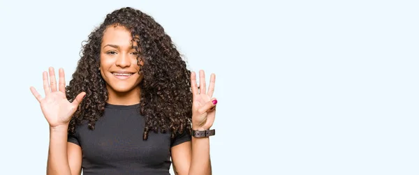 Young Beautiful Woman Curly Hair Showing Pointing Fingers Number Eight — Stock Photo, Image