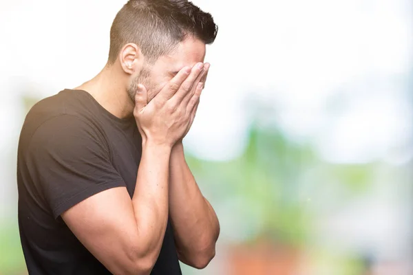 Joven Hombre Guapo Sobre Fondo Aislado Con Expresión Triste Cubriendo —  Fotos de Stock