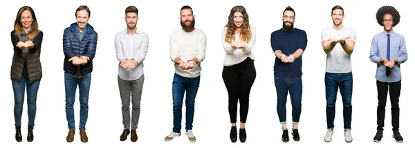 Collage Personnes Sur Fond Blanc Isolé Souriant Avec Les Mains — Photo