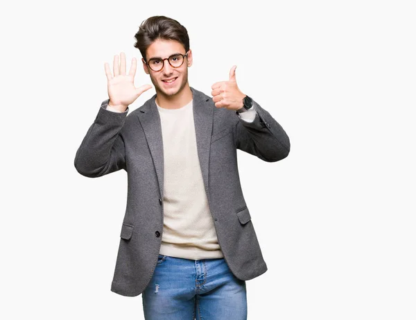 Giovane Uomo Affari Che Indossa Occhiali Sfondo Isolato Mostrando Indicando — Foto Stock