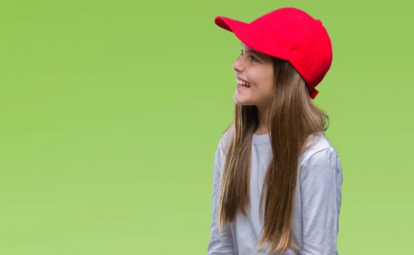 Joven Hermosa Chica Con Gorra Roja Aislado Fondo Mirando Hacia — Foto de Stock