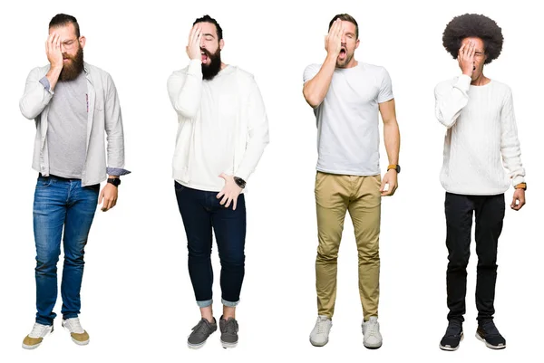 Collage Van Groep Jonge Mannen Witte Geïsoleerd Achtergrond Die Yawning — Stockfoto