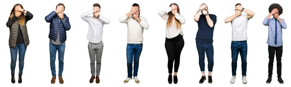 Collage Personas Sobre Fondo Blanco Aislado Cubriendo Los Ojos Boca — Foto de Stock