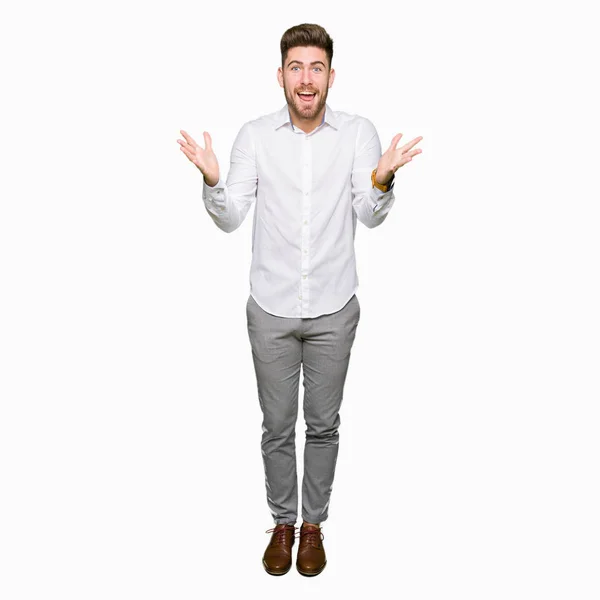 Young Handsome Business Man Celebrating Crazy Amazed Success Arms Raised — Stock Photo, Image