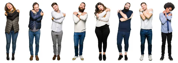 Collage Von Menschen Vor Weißem Isoliertem Hintergrund Die Sich Glücklich — Stockfoto