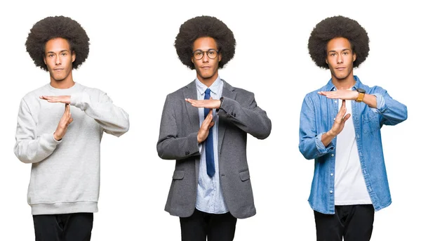 年轻男子的拼贴与非洲头发在白色被隔绝的背景做用手超时手势 沮丧和严肃的面孔 — 图库照片