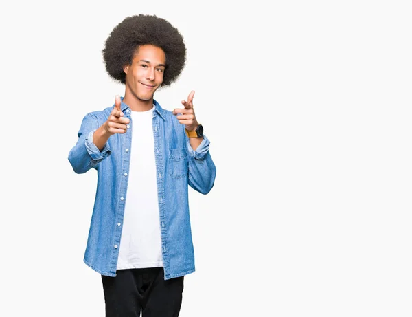 Young African American Man Afro Hair Pointing Fingers Camera Happy — Stock Photo, Image
