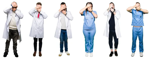 Collage Group Doctors Surgeons People White Isolated Background Covering Eyes — Stock Photo, Image