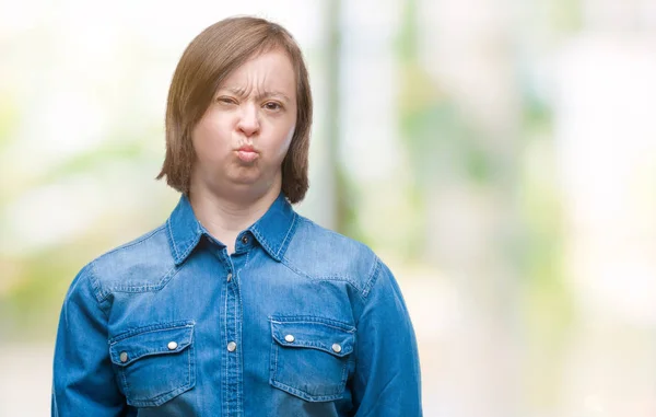 Mladé Dospělé Ženy Downovým Syndromem Izolované Pozadí Nafoukla Tváře Legrační — Stock fotografie