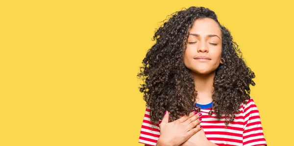 Young Beautiful Woman Curly Hair Wearing Stripes Shirt Smiling Hands — Stock Photo, Image