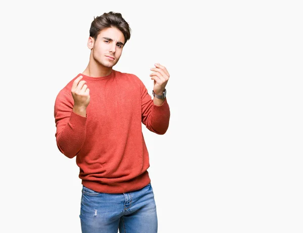 Jovem Homem Bonito Sobre Fundo Isolado Fazendo Gesto Dinheiro Com — Fotografia de Stock