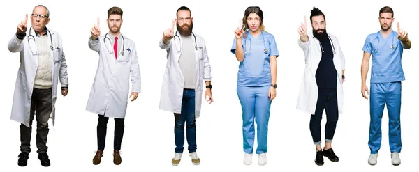 Колаж Групи Лікарів Хірургів Людей Білому Ізольованому Тлі Вказування Пальцем — стокове фото