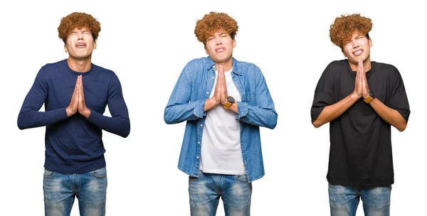 Kolaż Młodych Mężczyzn Kręconymi Włosami Białym Tle Żebractwa Modląc Się — Zdjęcie stockowe