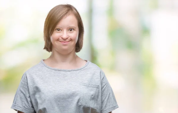 Mulher Adulta Jovem Com Síndrome Sobre Fundo Isolado Com Sorriso — Fotografia de Stock