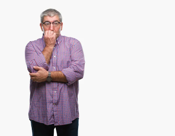 Hombre Mayor Guapo Con Gafas Sobre Fondo Aislado Mirando Estresado —  Fotos de Stock