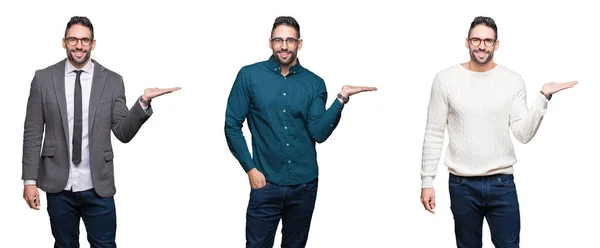 Colagem Homem Negócios Bonito Sobre Fundo Isolado Branco Sorrindo Alegre — Fotografia de Stock