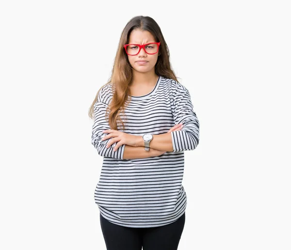Young Beautiful Brunette Woman Wearing Stripes Sweater Red Glasses Isolated — Stock Photo, Image